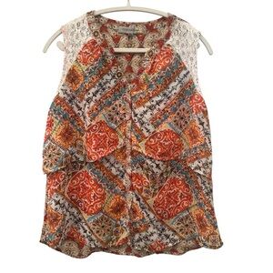 Fig and Flower Sleeveless Blouse Boho Lace Petite XL Lightweight Pearl Button